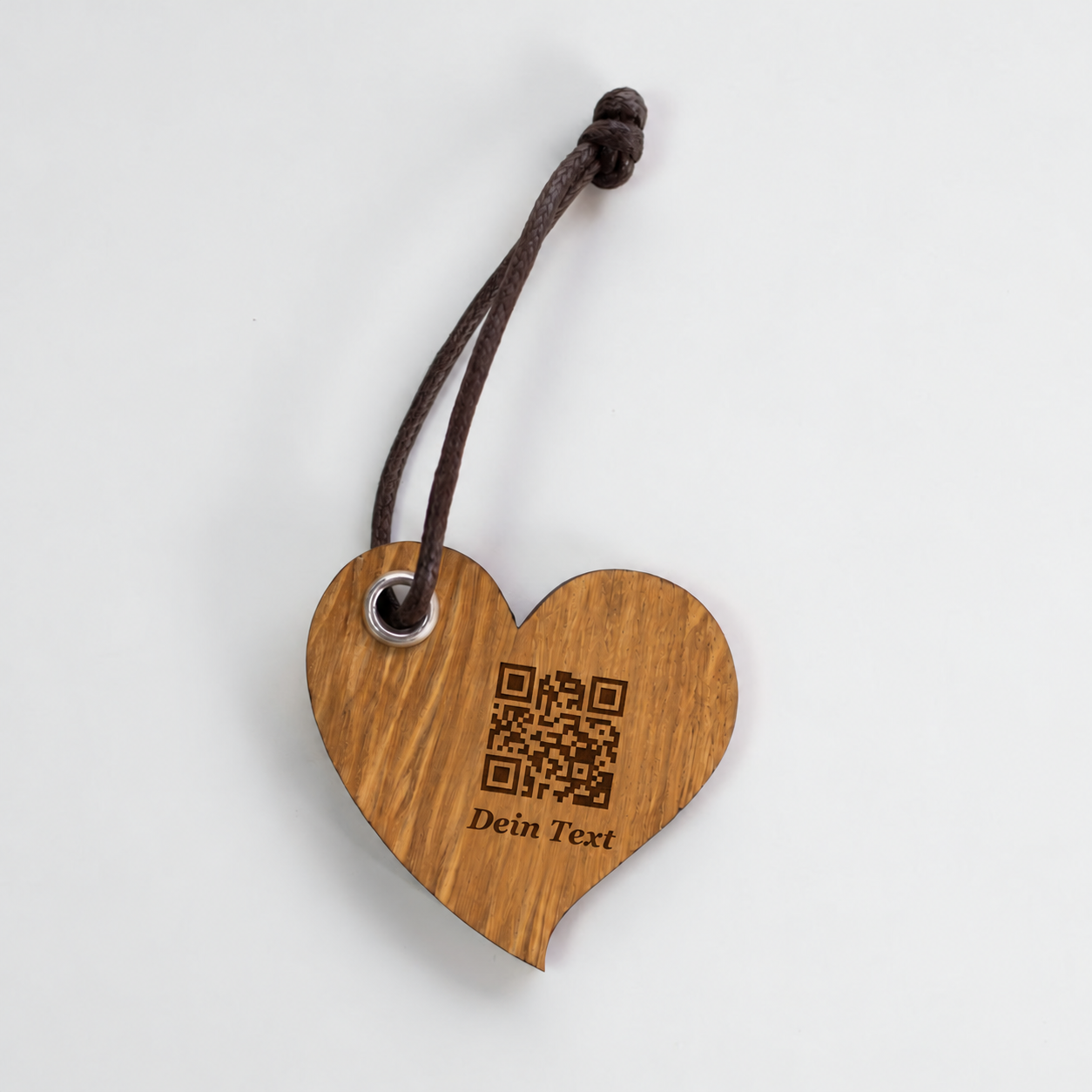 Piep-Post – QR-Holzanhänger Herz · Eiche – Beispielgravur